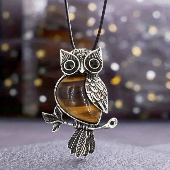 Silver and Brown Owl Necklace with Intricate Detailing - Picture 2 of 2